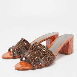 مملوكة مسبقًا Gina Dark Orange Crystal Embellished Leather Slide Sandals Size 38