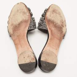 Pre Owned Gina Black Croc Embossed and Crystal Embellished Slide Sandals Size 37.5