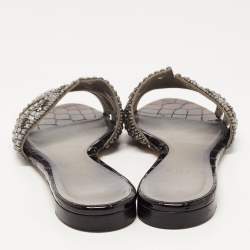 Pre Owned Gina Black Croc Embossed and Crystal Embellished Slide Sandals Size 37.5