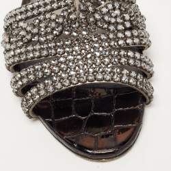 Pre Owned Gina Black Croc Embossed and Crystal Embellished Slide Sandals Size 37.5