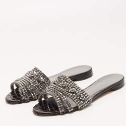 Pre Owned Gina Black Croc Embossed and Crystal Embellished Slide Sandals Size 37.5