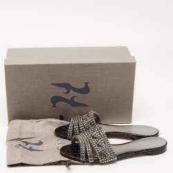 Pre Owned Gina Black Croc Embossed and Crystal Embellished Slide Sandals Size 37.5