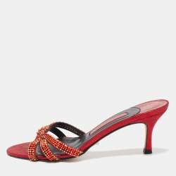 Gina Red Leather Embellished Knotted Open Toe Slides Size 37