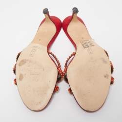 Gina Red Leather Embellished Knotted Open Toe Slides Size 37