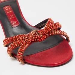 Gina Red Leather Embellished Knotted Open Toe Slides Size 37