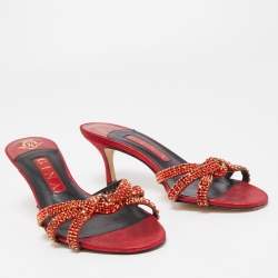 Gina Red Leather Embellished Knotted Open Toe Slides Size 37
