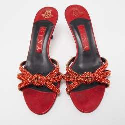 Gina Red Leather Embellished Knotted Open Toe Slides Size 37