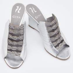 Pre Owned Gina Silver Leather Crystal Embellished Wedge Sandals Size 39
