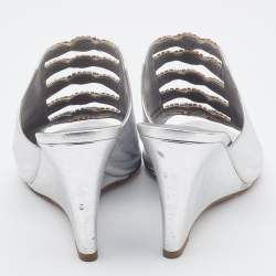 Pre Owned Gina Silver Leather Crystal Embellished Wedge Sandals Size 39