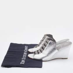 Pre Owned Gina Silver Leather Crystal Embellished Wedge Sandals Size 39