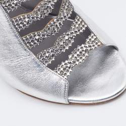 Pre Owned Gina Silver Leather Crystal Embellished Wedge Sandals Size 39