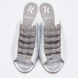 Pre Owned Gina Silver Leather Crystal Embellished Wedge Sandals Size 39