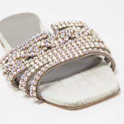 Pre Owned Gina Silver Croc Embossed Crystal Embellished Leather Flat Slides Size 39.5  