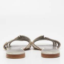 Pre Owned Gina Silver Croc Embossed Crystal Embellished Leather Flat Slides Size 39.5  