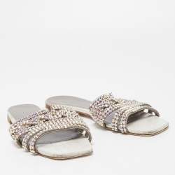 Pre Owned Gina Silver Croc Embossed Crystal Embellished Leather Flat Slides Size 39.5  