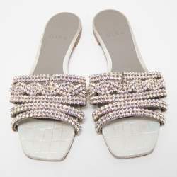 Pre Owned Gina Silver Croc Embossed Crystal Embellished Leather Flat Slides Size 39.5  