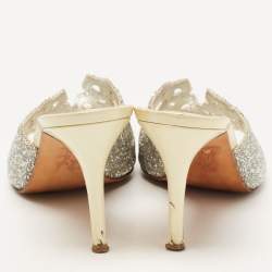 مملوكة مسبقًا Gina Silver/Light Yellow Crystal Embellished Leather Slide Sandals Size 38.5