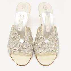 مملوكة مسبقًا Gina Silver/Light Yellow Crystal Embellished Leather Slide Sandals Size 38.5