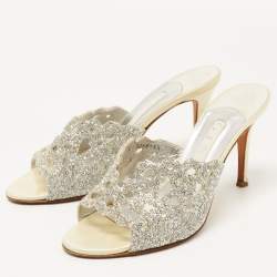 مملوكة مسبقًا Gina Silver/Light Yellow Crystal Embellished Leather Slide Sandals Size 38.5