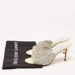 مملوكة مسبقًا Gina Silver/Light Yellow Crystal Embellished Leather Slide Sandals Size 38.5