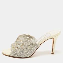 مملوكة مسبقًا Gina Silver/Light Yellow Crystal Embellished Leather Slide Sandals Size 38.5