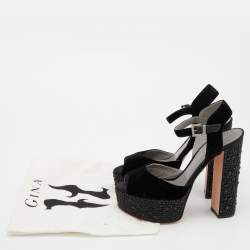 Pre Owned Gina Black Crystal Embellished Velvet Block Heel Sandals Size 41