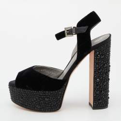 Pre Owned Gina Black Crystal Embellished Velvet Block Heel Sandals Size 41