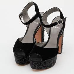 Pre Owned Gina Black Crystal Embellished Velvet Block Heel Sandals Size 41