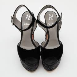 Pre Owned Gina Black Crystal Embellished Velvet Block Heel Sandals Size 41