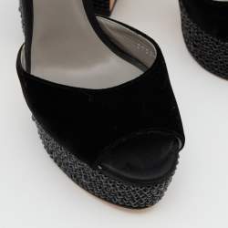 Pre Owned Gina Black Crystal Embellished Velvet Block Heel Sandals Size 41