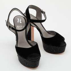 Pre Owned Gina Black Crystal Embellished Velvet Block Heel Sandals Size 41