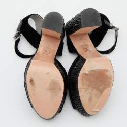Pre Owned Gina Black Crystal Embellished Velvet Block Heel Sandals Size 41