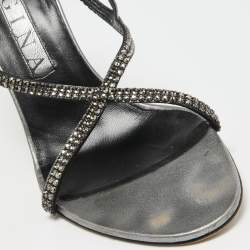 مملوكة مسبقًا Gina Metallic Grey Leather Crystal Embellished Slingback Sandals Size 39.5