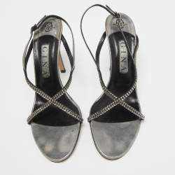 مملوكة مسبقًا Gina Metallic Grey Leather Crystal Embellished Slingback Sandals Size 39.5