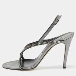 مملوكة مسبقًا Gina Metallic Grey Leather Crystal Embellished Slingback Sandals Size 39.5