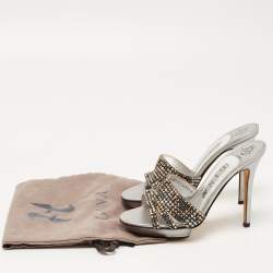 Pre Owned Gina Metallic Silver Leather Crystal Embellished Slide Platform Sandals Size 37