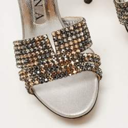 Pre Owned Gina Metallic Silver Leather Crystal Embellished Slide Platform Sandals Size 37