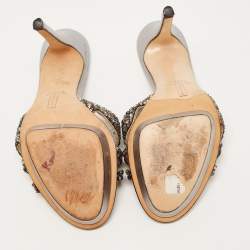Pre Owned Gina Metallic Silver Leather Crystal Embellished Slide Platform Sandals Size 37