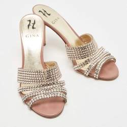 Pre Owned Gina Silver/Pink Crystal Embellished Leather Slide Sandals Size 39.5