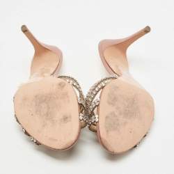 Pre Owned Gina Silver/Pink Crystal Embellished Leather Slide Sandals Size 39.5