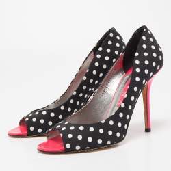 Gina Black/White Polka Dot Canvas Peep Toe Pumps Size 40