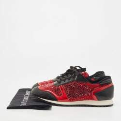 Pre Owned Gina Black/Red Leather And Embellished Satin Luminosa Low Top Sneakers Size 41