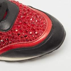 Pre Owned Gina Black/Red Leather And Embellished Satin Luminosa Low Top Sneakers Size 41