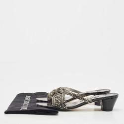 Pre Owned Gina Grey Crystal Embellished Leather Slide Sandals Size 38