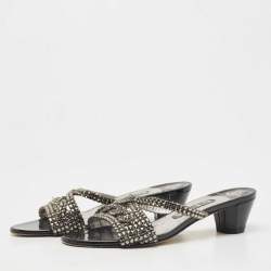Pre Owned Gina Grey Crystal Embellished Leather Slide Sandals Size 38
