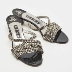 Pre Owned Gina Grey Crystal Embellished Leather Slide Sandals Size 38