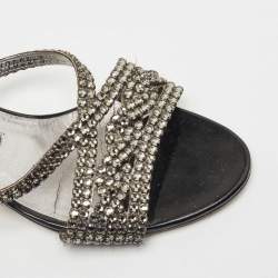 Pre Owned Gina Grey Crystal Embellished Leather Slide Sandals Size 38
