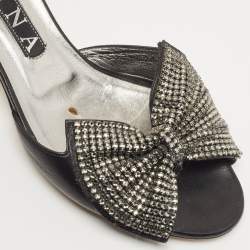Pre Owned Gina Black Leather Crystal Embellished Bow Slide Sandals Size 39