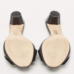 Pre Owned Gina Black Leather Crystal Embellished Bow Slide Sandals Size 39