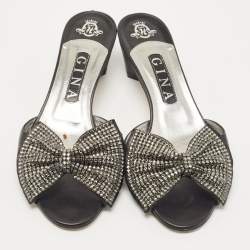 Pre Owned Gina Black Leather Crystal Embellished Bow Slide Sandals Size 39